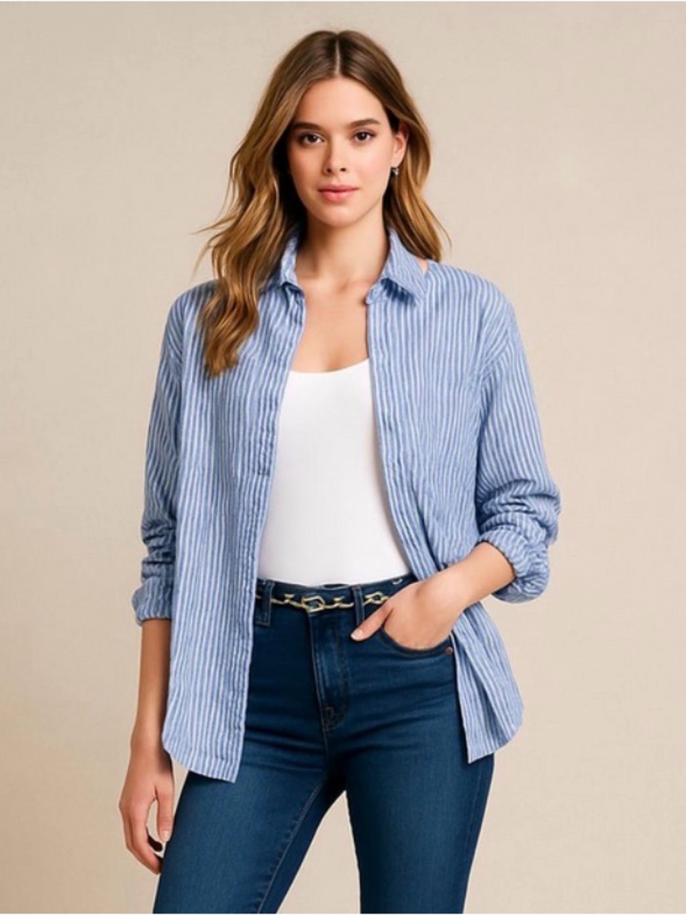 beach lunch lounge Striped Button Down Shirt, Blue, White, Size M/L